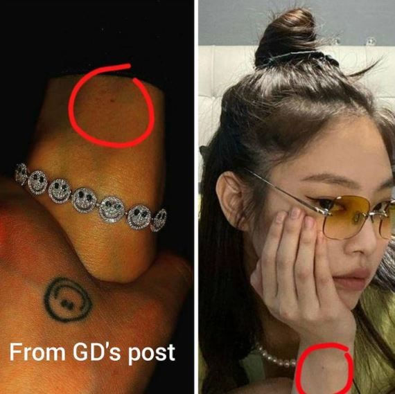 戀愛鐵證5. 「GD罕見曬牽手照片」。 最驚人的是，有粉絲留意到GD過去曾分享一張牽著女生手的照片。而網民更比對手腕特徵，竟與Jennie手腕上的痣出現在相同位置。