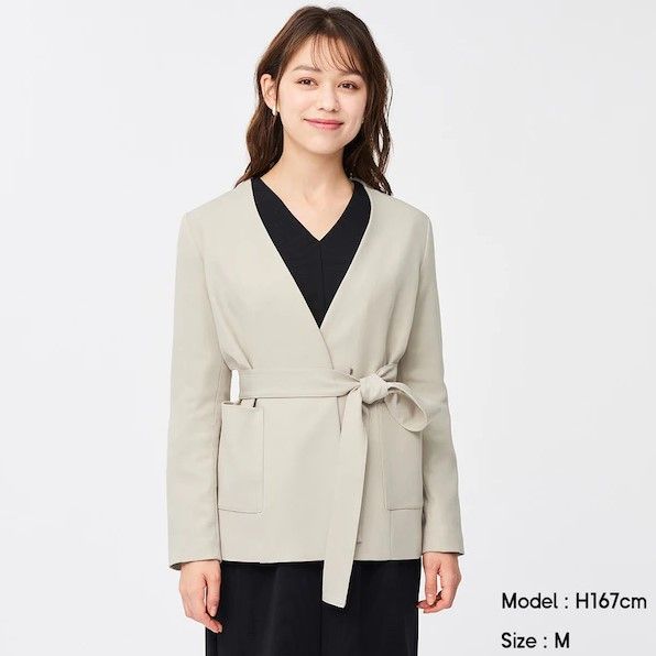 Belted collarless jacket｜¥3,990
