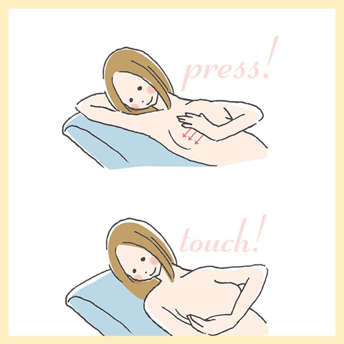 Step 3：平躺，將枕頭墊於右肩下，右手彎曲置於頭下，重複第二步中步驟檢查兩側乳房。