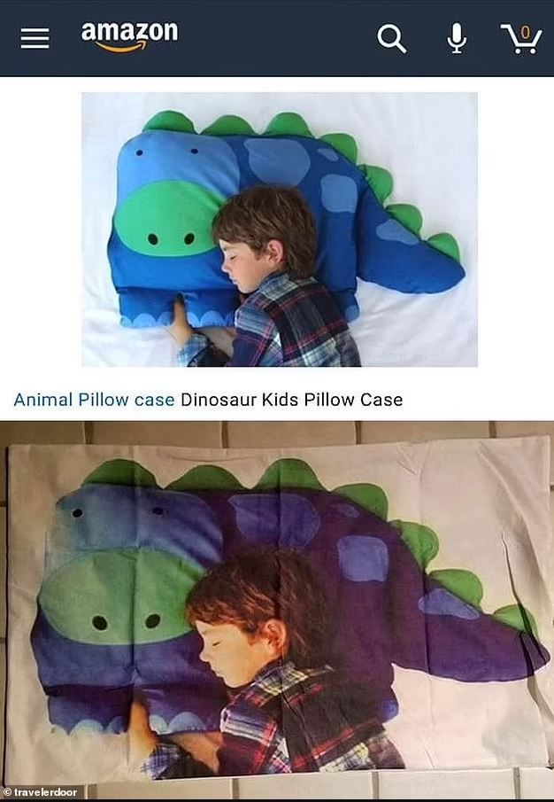 當你一心以為可以買到一個可愛的恐龍枕頭時... 不好意思！這只是一個打印了「男孩睡在恐龍上」的枕頭套。