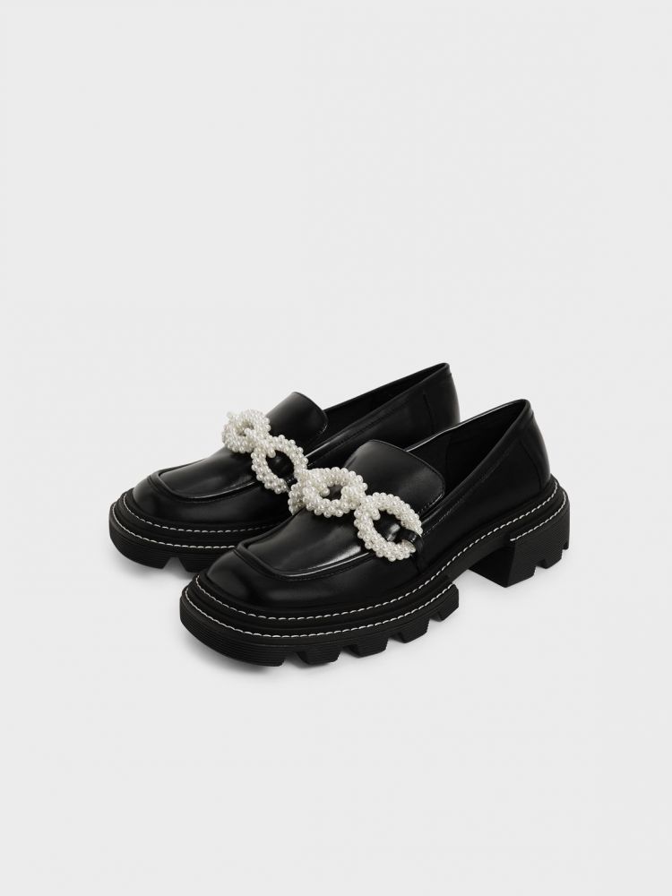 Perline 珍珠飾鍊樂福鞋 - 黑色 售價HK$569