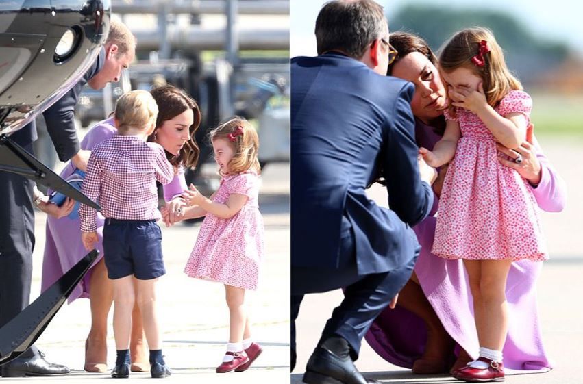 【9.夏綠蒂公主「扭眼瞓」？】 威廉王子一家前往德國漢堡機場看直升機，夏綠蒂公主在摔倒並流下眼淚，似乎需要小睡一下，凱特和威廉王子立即安慰小公主。(圖片來源：hellomagazine)