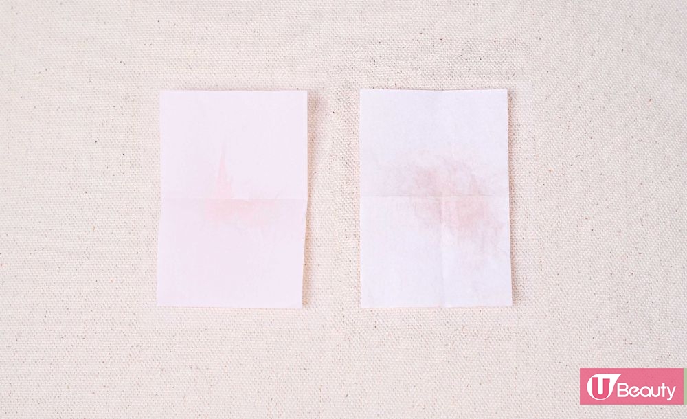 持妝4小時前後，用吸面油紙測試面部出油量。左圖：Before；右圖：After。