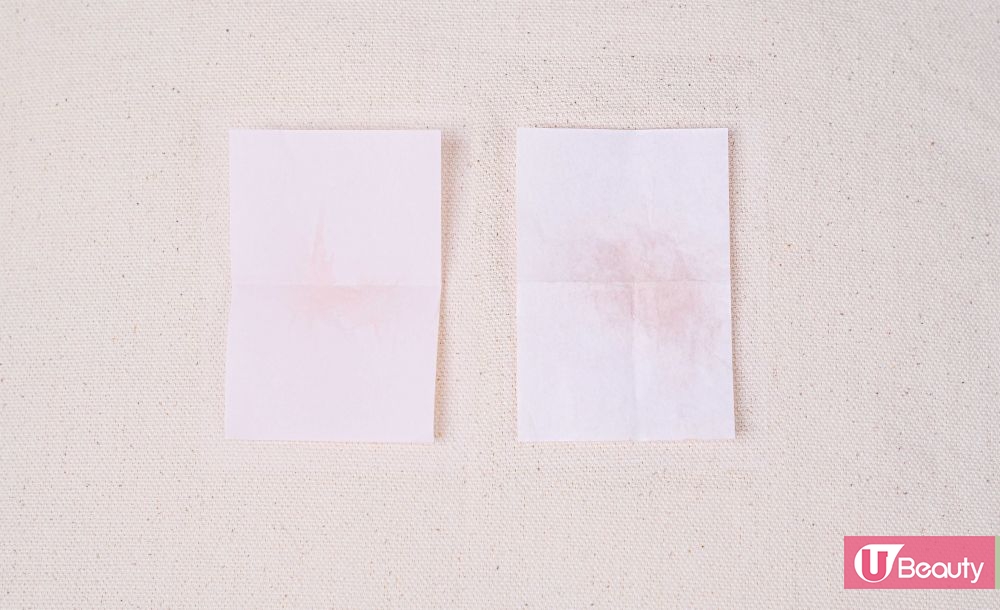 持妝4小時前後，用吸面油紙測試面部出油量。左圖：Before；右圖：After。