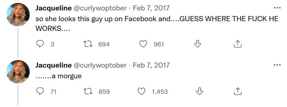 外國網友Jacqueline在2017年於Twitter發文，分享一位朋友在Tinder交友的恐怖故事。