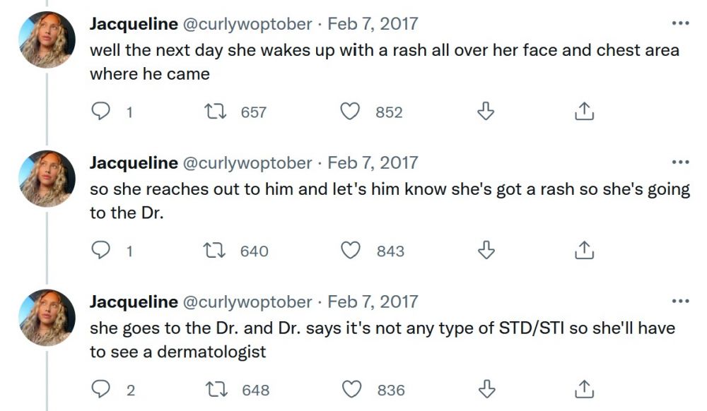 外國網友Jacqueline在2017年於Twitter發文，分享一位朋友在Tinder交友的恐怖故事。