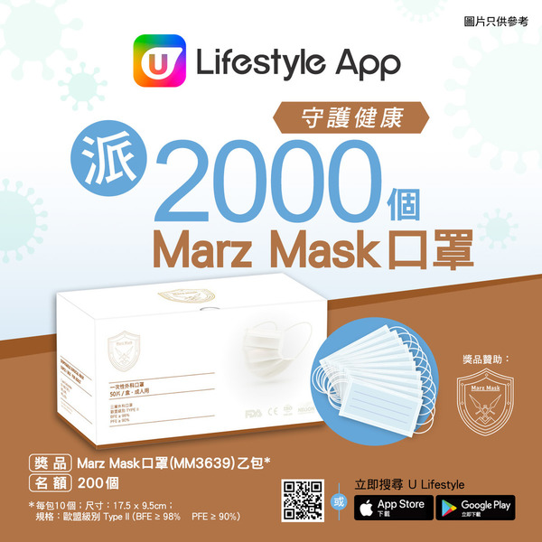 守護健康！U Lifestyle App派2,000個Marz Mask口罩！
