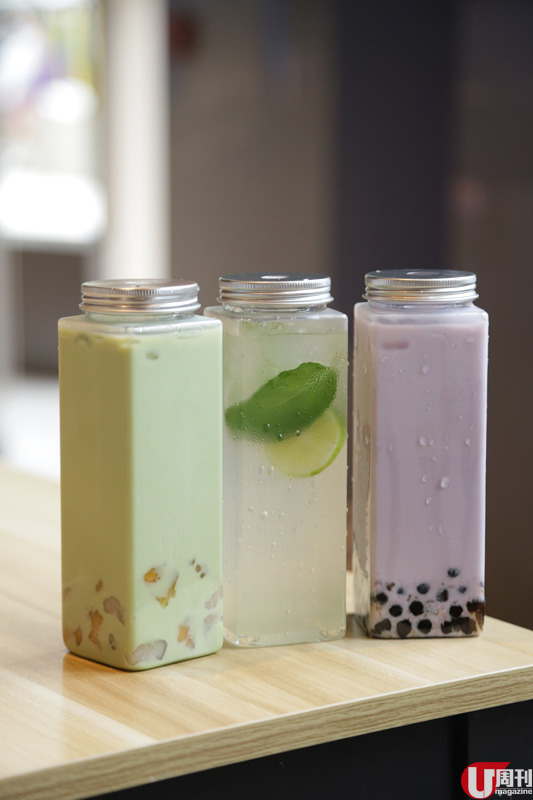 抹茶鮮奶加芋圓 $24、青檸梳打 $19、香芋鮮奶加珍珠 $22  以樽仔奉客，唔使好似平日飲珍奶咁要趕住一口氣飲晒。