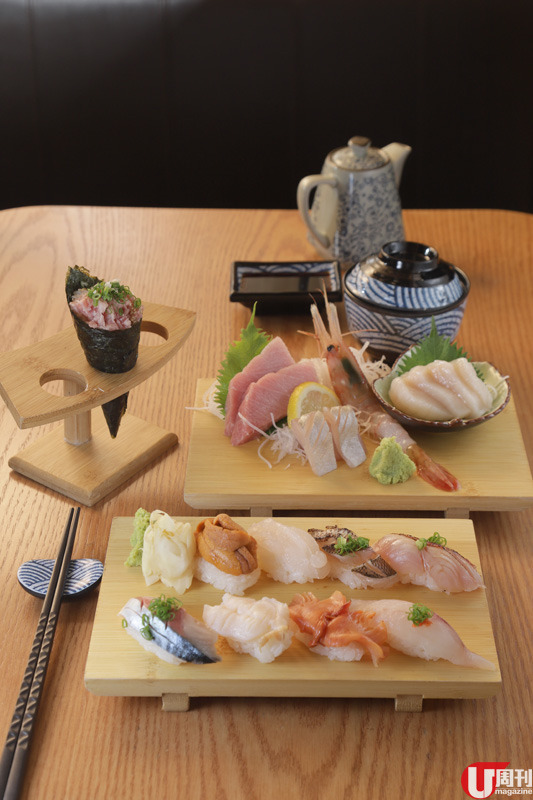 Omakase 戶 $480 位 包括 8 貫壽司，刺身 4 貫有牡丹蝦、帶子、深海池魚和大拖羅，還有吞拿魚碎手卷和鯛魚湯，刺身片片厚切，吃得出新鮮，性價比極高。