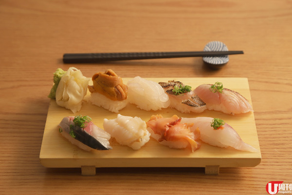 壽司（Omakase 戶項目） 包括北海道馬糞海膽、白蝦、梭子魚、金目鯛、鯖魚、粒貝、赤貝和深海池魚 8 貫。