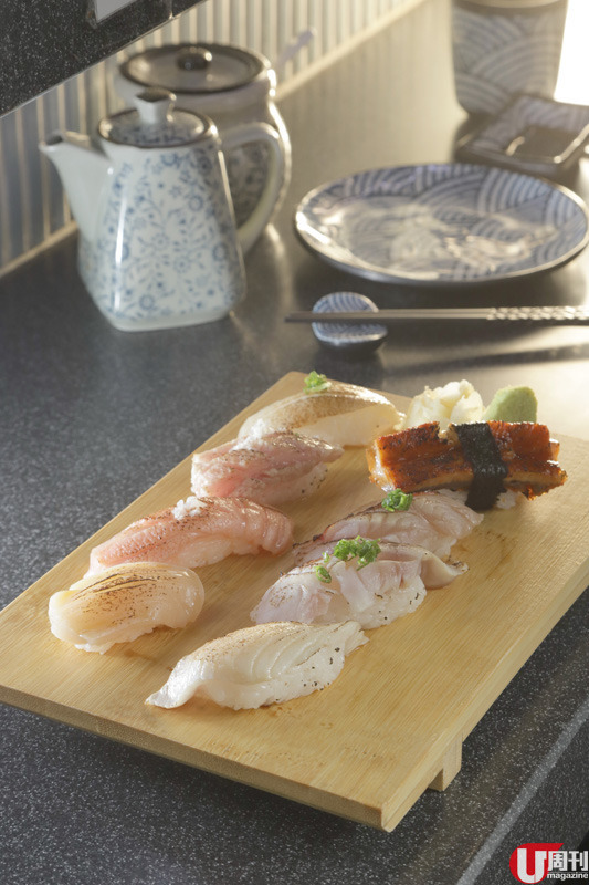 火炙盛盒 $228 壽司款式固定，用料級數同 Omakase 一樣高。盛盒包括拖羅、三文魚腩、帶子、左口魚邊、鰻魚、金線鯛和金目鯛，火炙控制得好，剛好逼出魚油香，為壽司提香提鮮。