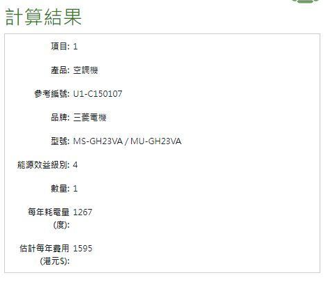 以一款三菱電機分體式冷氣機為例，假設每年開180日、每日12小時，使用中華電力，每年耗電量為1,267度，估計每年電費1,595元。（機電工程署）