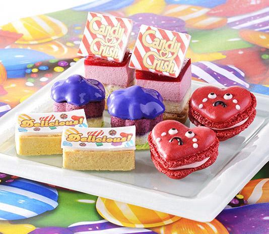 第一層：Candy Crush! (紅桑子慕絲蛋糕)、Delicious! 檸檬撻、心碎馬卡龍 (草莓玫瑰馬卡龍)、Purple Candy (藍莓慕絲蛋糕)