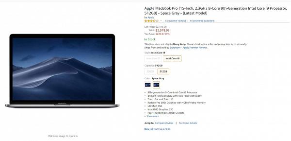 Apple MacBook Pro 15吋 2019年款 512GB 太空灰 美金$2578 約港元$20,180 減約$1722港元