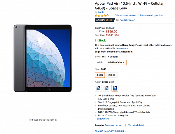 Apple iPad Air 10.5吋 Wi-Fi +流動網絡 64GB 太空灰 美金$599 約$7,689港元 減約$234港元