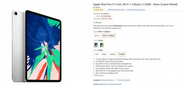 Apple iPad Pro 11吋, Wi-Fi +  流動網絡, 512GB 銀色 原價$10,199 優惠價$1,099美元 約$8,572港元