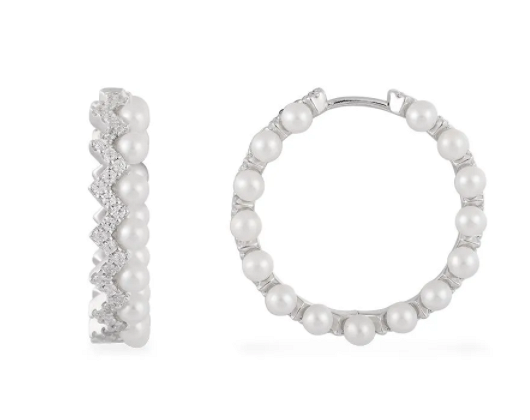 Small Up And Down Hoop Earrings With Pearls - Silver $2100