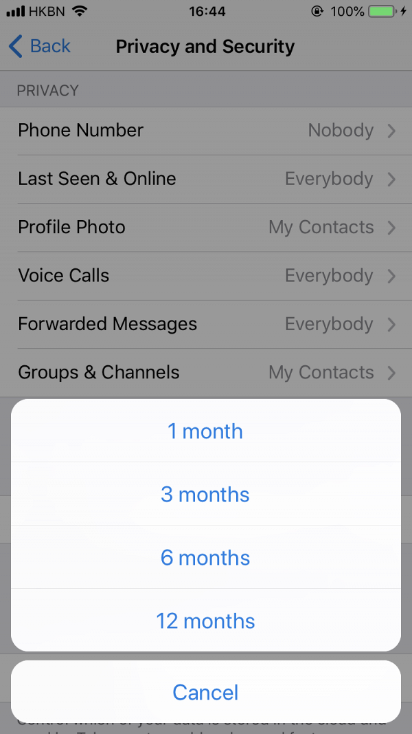 2.再按「automatically delete my account」，大家可分別選擇1個月、3個月、半年及1年，時間一到telegram就會自動刪除。