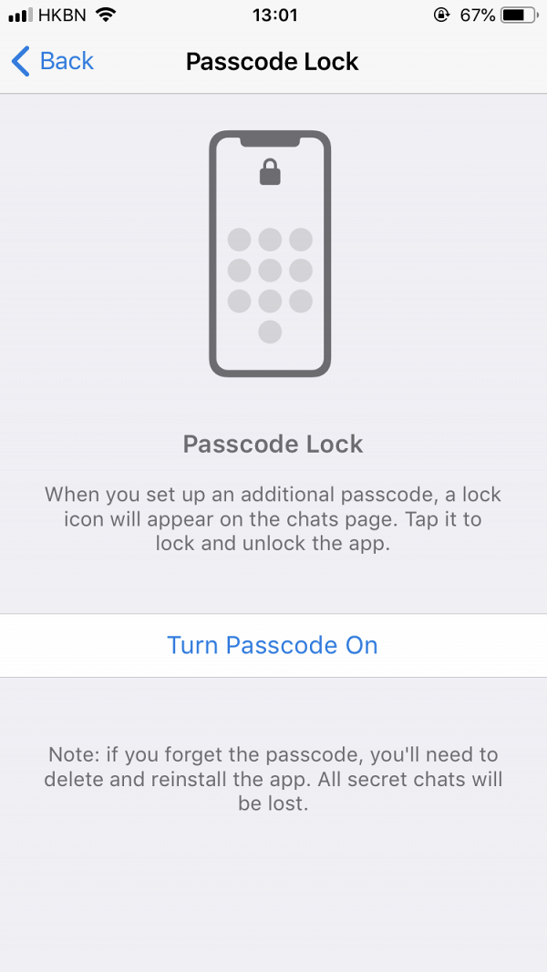 3.另外亦可按「passcode and Touch ID 」為telegram設置密碼。