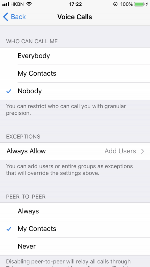 4.除此之外，亦可以將voice call模式較為「My contact 」或者「nobody」而將peer to peer voice calls 較為「never 」可以防止透露自己的IP地址。