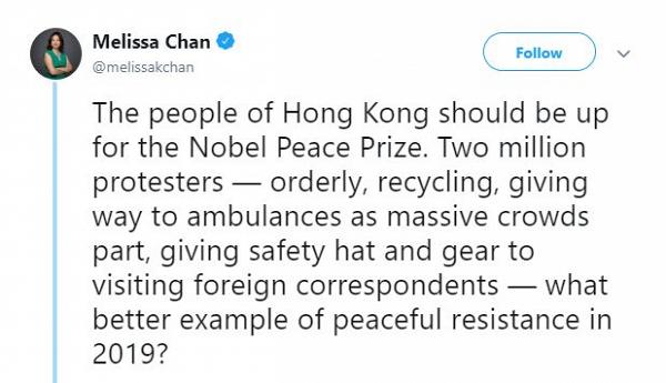 遊行中保持秩序、人潮中為救護車讓路 外國媒體：香港人值得諾貝爾和平獎