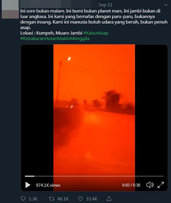印尼森林大火持續驚現血紅天空！濃濃霧霾籠罩如世界末日 當地進入緊急狀態