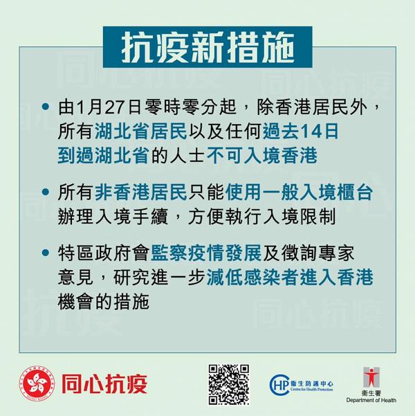 香港政府宣布明日起實施入境管制 限制湖北省居民及曾往湖北省人士入境香港