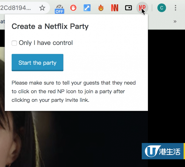 重新整理Netflix頁面，在右上角按「NP」圖示，再按「Start the Party」