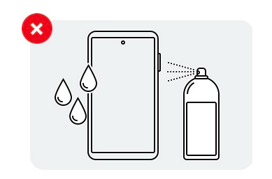 請避免對手機任何孔洞噴灑或注入液體，或直接將手機置於任何液體中浸泡或沖洗。若有需要，請以擦拭布的邊角沾取少量純水或清潔劑(例如50-80ppm的次氯酸或濃度大於70%以上酒精、乙醇或異丙醇)，請避免太過用力的擦拭或過度清潔，只需要輕輕擦拭您手機的前後表面即可。切勿直接在手機上塗抹任何清潔劑或使用空氣加壓噴槍，以免造成手機毀損。 