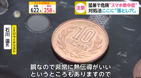 原來10円硬幣為銅製，銅的導熱能力較高，放到手機上就可以為之降溫。