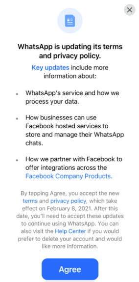 WhatsApp2月更改用戶私隱條款 需強制與Facebook共享資料才能繼續使用
