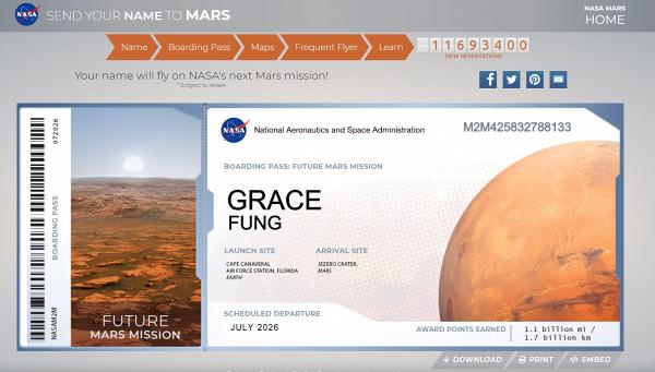網站就會為係製作一張虛擬火星太空船電子機票，可以將電子機票分享到其他社交平台