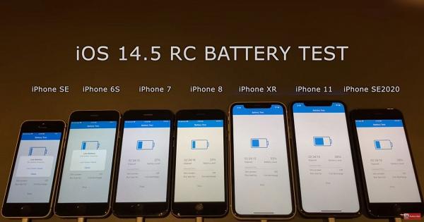 測試就將7款iPhone升級為iOS 14.5後，以長時間開啟螢幕的方式，使用同一款手機App來測試耗電量