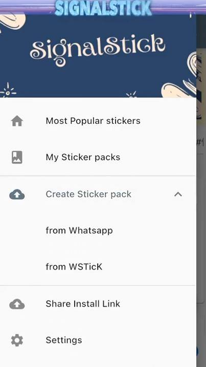 打開「SignalStick」App主頁面點選左方功能列，打開「Create Sticker pack」，再按「from Whatsapp」