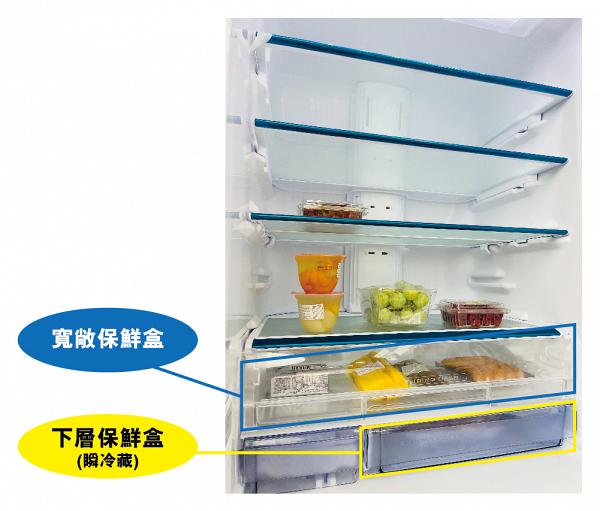 三菱電機日本製雪櫃的保鮮格分為兩層，可將不同食物細緻分類存放。（適用於MR-WX70C, MR-WX60F, MR-WX52D, MR-B46F型號）