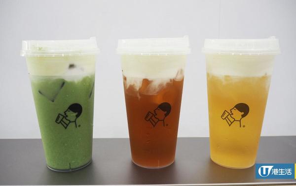 翠玉抹茶加芝士奶蓋$38（左）、金鳳茶王加芝士奶蓋$32（中）和綠妍加芝士奶蓋$28（右）