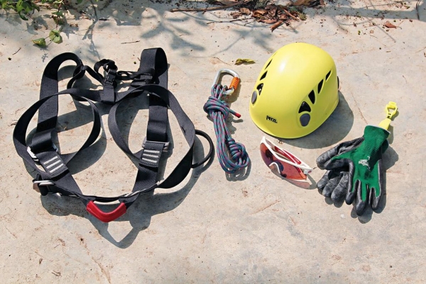 攀樹 3 大基本個人保護裝備包括左右兩排有透氣孔的頭盔、提供承托的安全座帶以及安全眼鏡，可另備手套。