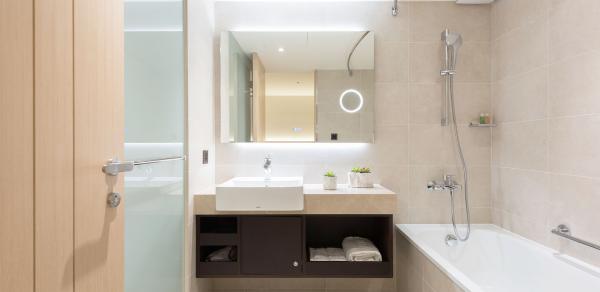 浴室明亮乾淨，既有淋浴間亦有浴缸，清潔用品亦有提供。