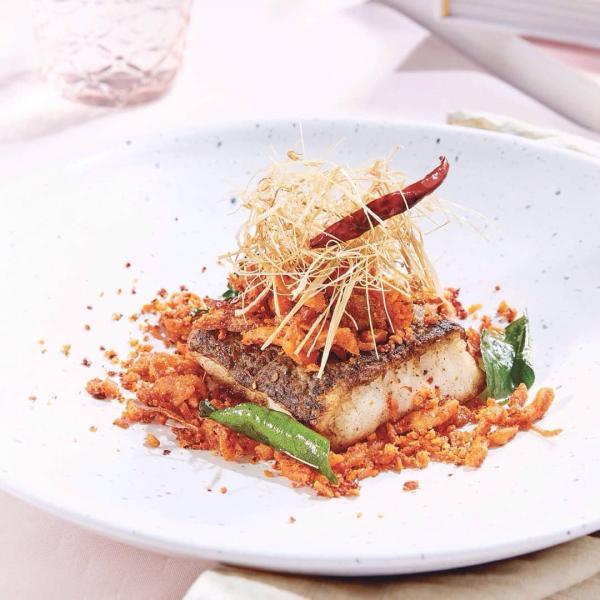 Fried Snow Fish with Deep Fried Pork Crackling Chili Paste 