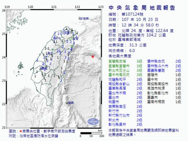 台灣東部海域發生6級地震　 台北桃園有震感