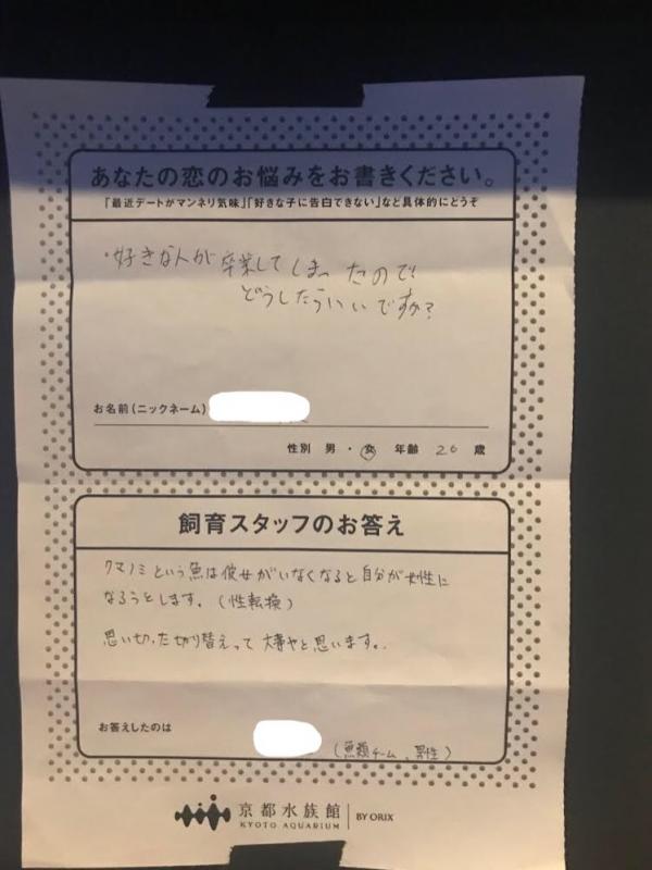 京都水族館為客人解決戀愛煩惱 爆笑回答網民大讚有創意