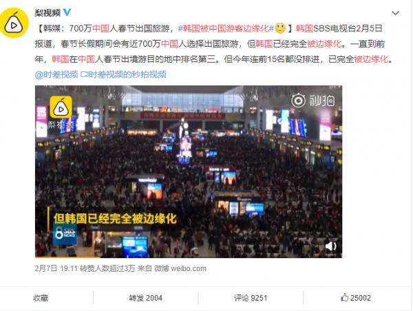 韓國跌出十大中國人新年出遊熱點 中國網民：沒啥好玩的