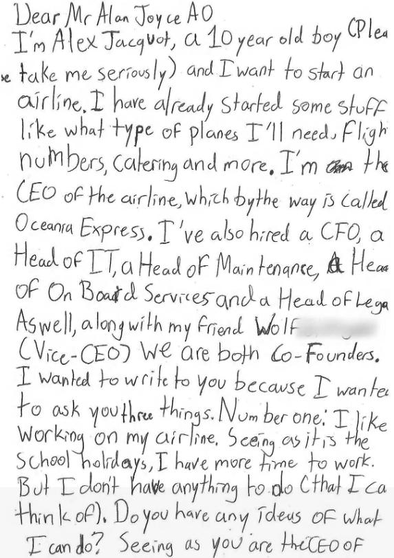 10歲男孩想開航空公司去信請教　 澳航CEO親身回覆獲網民大讚暖心