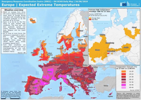 歐洲多個國家如法國、意大利、丹麥、比利時等在6月已發出酷熱天氣警告，主要受撒哈拉沙漠的熱空氣及歐洲中部高氣壓影響，部份地區的氣溫達40度。