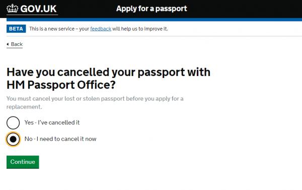 程序四：如未向英國護照署(HM Passport Office)取消護照，需填「No」進行報失。