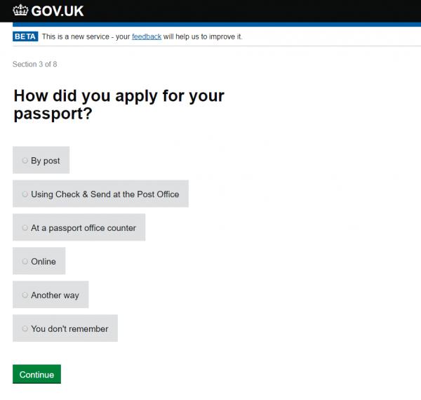 程序十一：選擇原有BNO的申請方法，97前應大多是「At a passport office counter」。