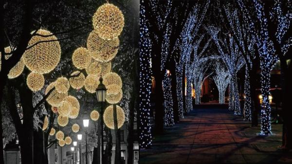 光環境，以不同色彩的LED燈裝飾在樹幹上，加上發光球，打造出極美的公園步道。