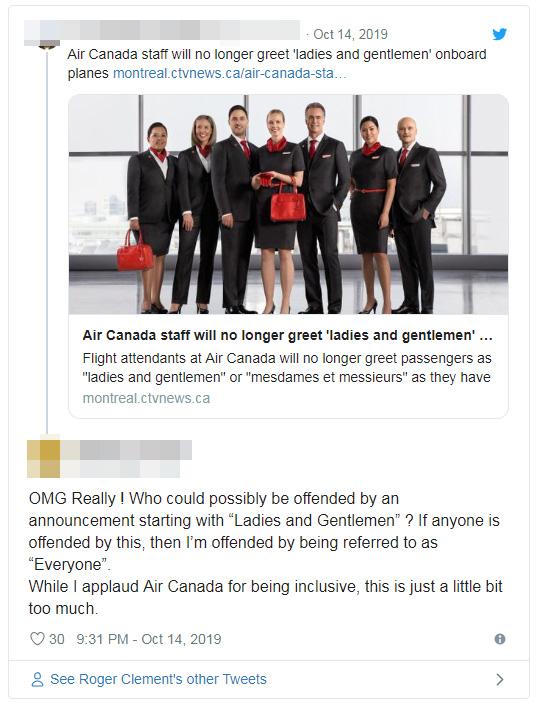加拿大航空改用性別中立用語 機上廣播不再稱呼「女士們先生們」