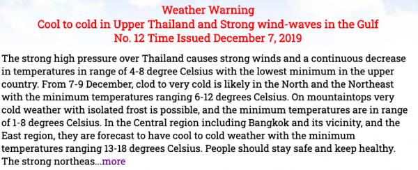 泰國中/北部受冷鋒侵襲 最低氣溫可達6度！
