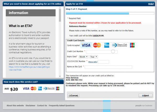 7. 以信用卡繳付20澳元(約108港元)的申請費用，成功付款後便會收到確認短訊或郵件，另留意ETA會自動連結到護照，申請人不必將確認信列印出來。